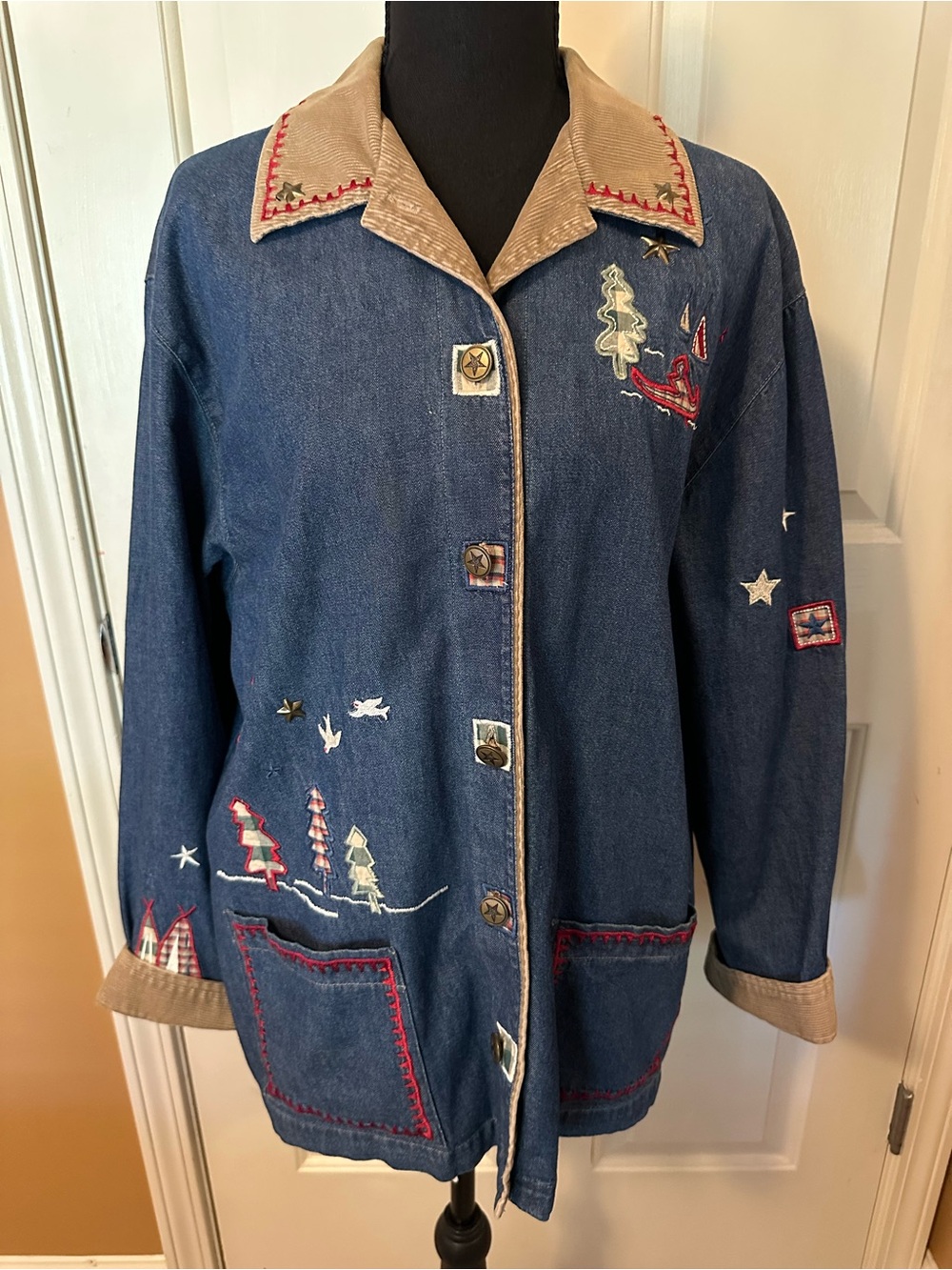 Teddi Blue Denim Jacket with Beige Trim and Embroidered Accents
